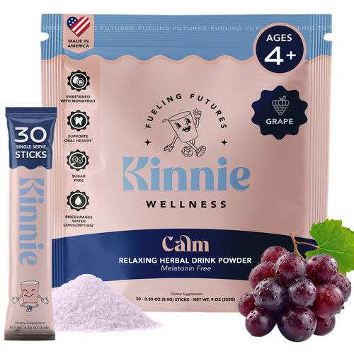 Kinnie Kids Calm Drink Mix Grape flavor zero sugar single stick pack with calming herbs and minerals for relaxation