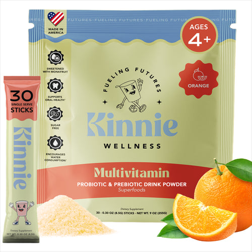 Kinnie Kids Multivitamin Drink Mix orange flavor box with 30 stick packs for daily nutrient support