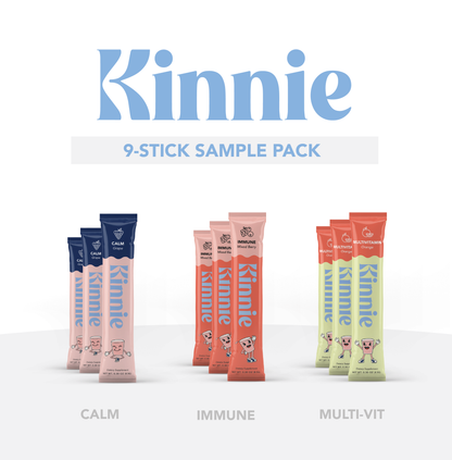 Kinnie 9-count sample pack of kids vitamin drink mixes multivitamin probiotic immune and calming blends